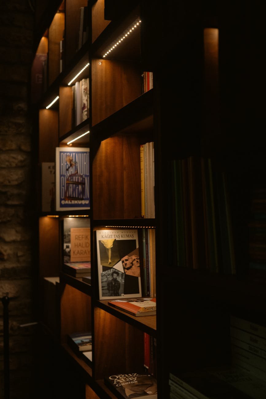 Professional organizing hands arranging books on shelves
